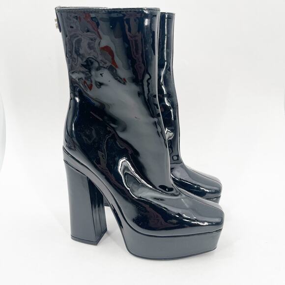 Guess Byra Boots SZ 5 Zipper Block Heel NEW Platform Booties Black Patent NWOT - Picture 1 of 16